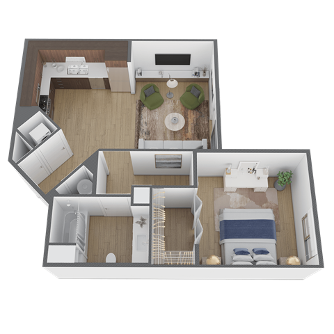 a 3d floor plan of a home with a bedroom and a living room